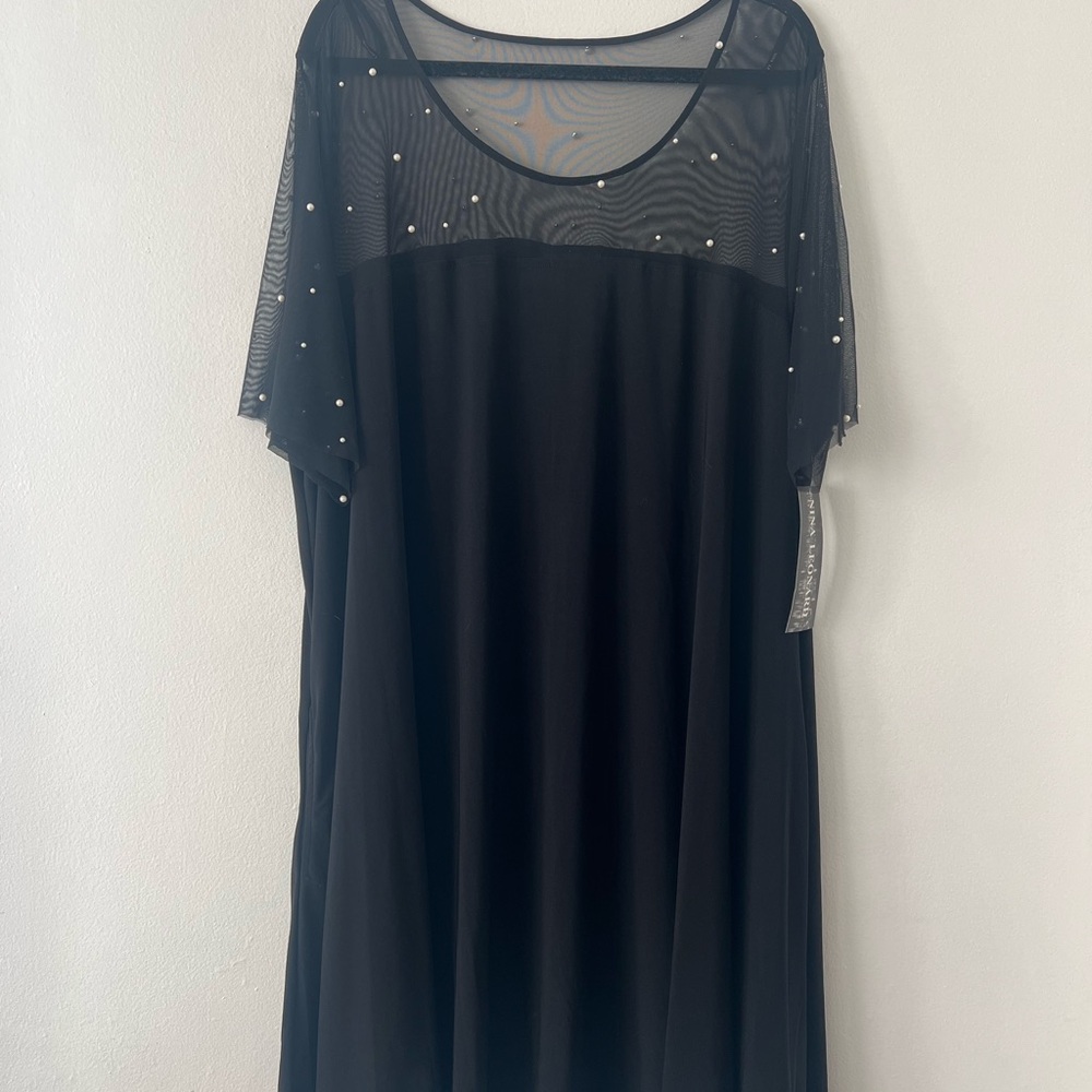 Elegant Nina Leona Black Swing Dress with Sheer Pearl-Embellished Sleeves